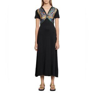 Sandro Rabba Scarf Print Bodice Midi Dress
